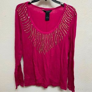 Calvin Klein Jeans Magenta color circular neck Gold Sequin Long Sleeve Blouse L